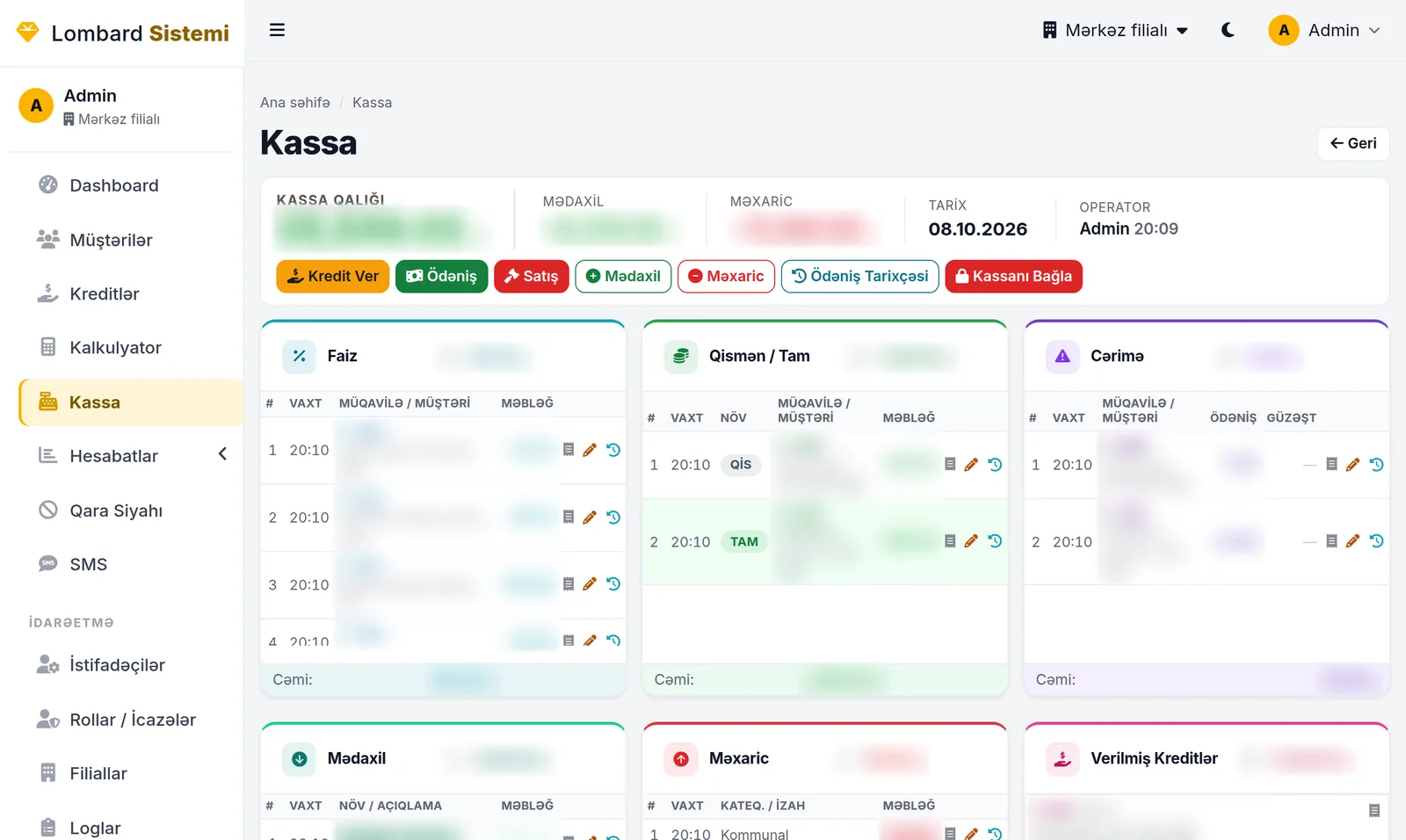 Kassa: günün bütün əməliyyatları